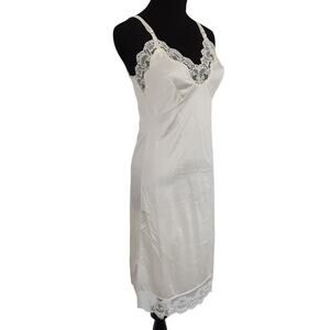 Vintage 1970s Satin Slip Dress Midi Sheer Lace Ivory Nightgown Coquette Chemise